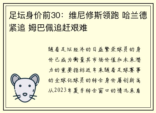足坛身价前30：维尼修斯领跑 哈兰德紧追 姆巴佩追赶艰难